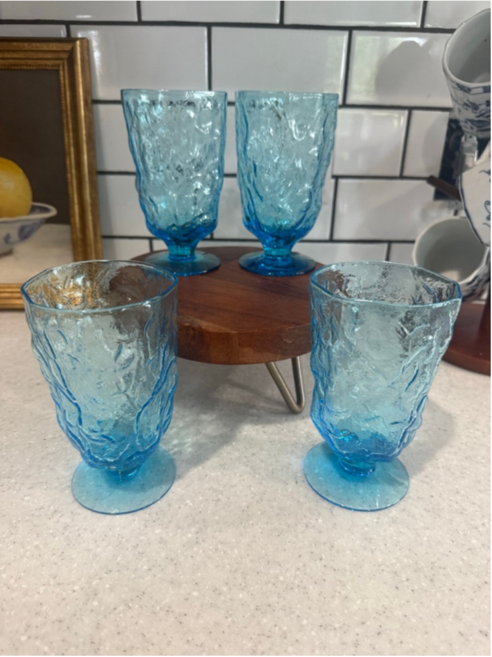 Vintage Seneca Glass Company "Driftwood" Tumblers Peacock Blue